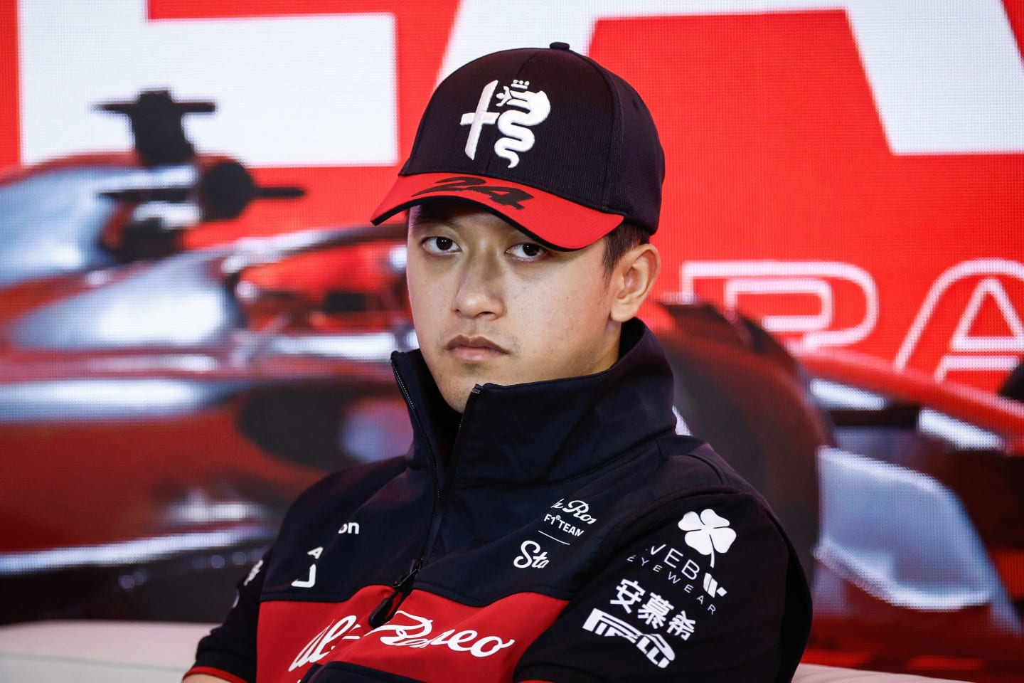 Alfa Romeo's Chinese driver Zhou Guanyu looks on during a press conference ahead of the Dutch Formula One Grand Prix, in the coastal town of Zandvoort on August 24, 2023. The 2023 Dutch Grand Prix will take place on August 27, 2023. (Photo by Simon Wohlfahrt / AFP) (Photo by SIMON WOHLFAHRT/AFP via Getty Images)