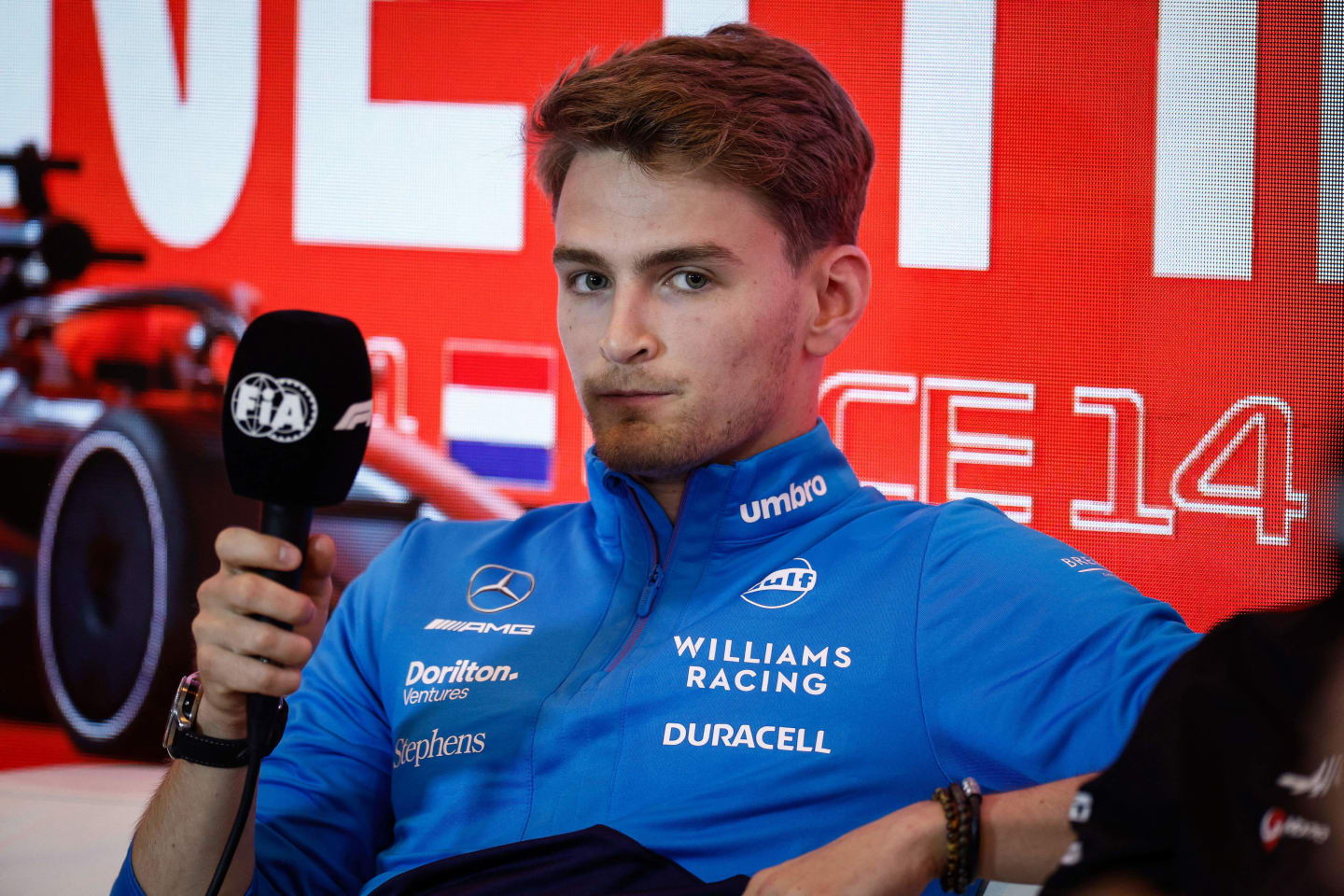 Williams' US driver Logan Sargeant looks on during a press conference ahead of the Dutch Formula One Grand Prix, in the coastal town of Zandvoort on August 24, 2023. The 2023 Dutch Grand Prix will take place on August 27, 2023. (Photo by Simon Wohlfahrt / AFP) (Photo by SIMON WOHLFAHRT/AFP via Getty Images)