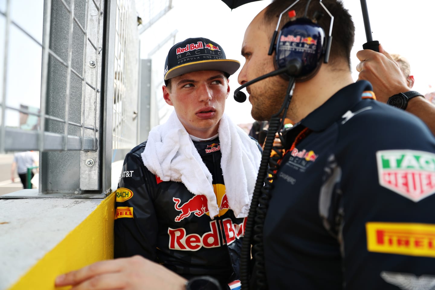BUDAPEST, HUNGARY - JULY 24: Max Verstappen of Netherlands and Red Bull Racing talks to race