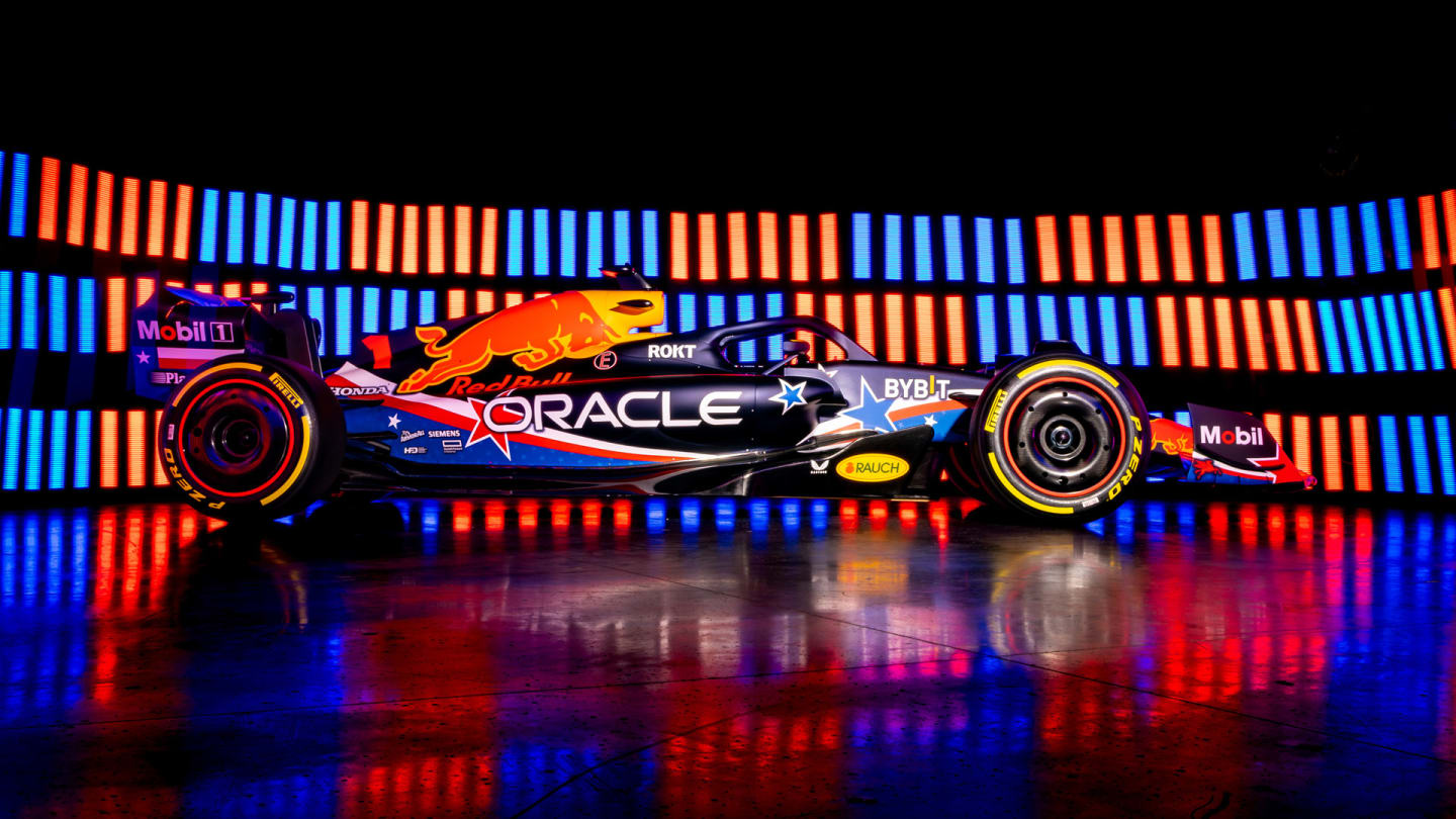 The RB 19 in his Texas Livery spotlighted in Miami, Florida, United States before the race of the