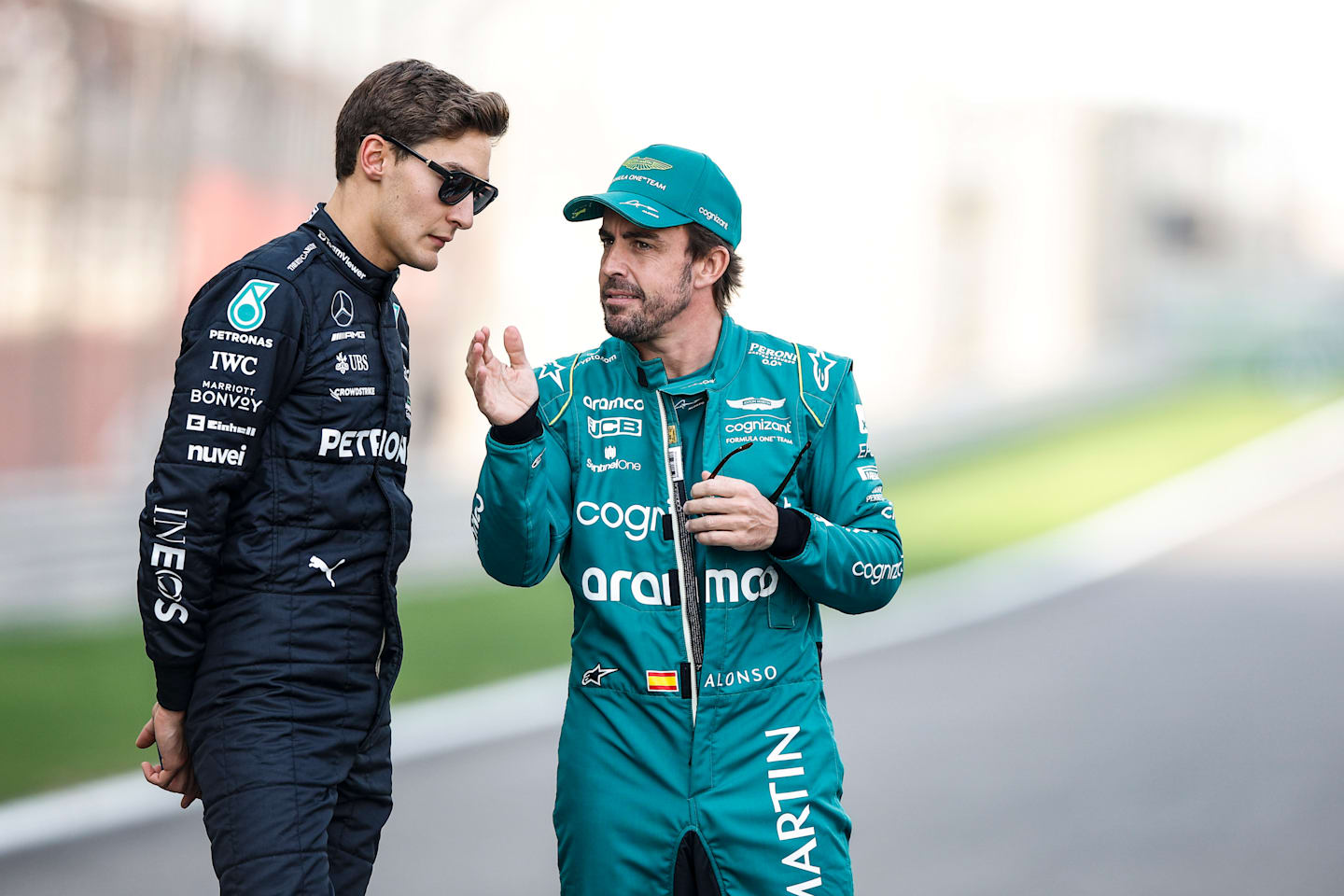 George Russell of United Kingdom, Mercedes - AMG PETRONAS, portrait Fernando Alonso of Spain, Aston