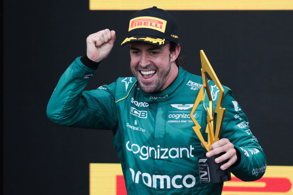 Fernando Alonso of Aston Martin Aramco on the podium after the Formula 1 Grand Prix of Canada at