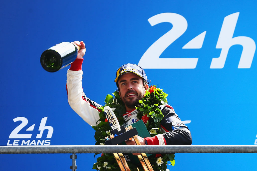 LE MANS, FRANCE - JUNE 17:  The Toyota Gazoo Racing TS050 Hybrid team driver Fernando Alonso reacts