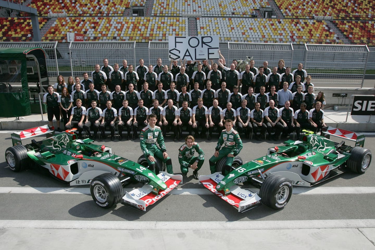 SHANGHAI, CHINA - SEPTEMBER 23:  The Jaguar F1 Team pose for the team group photo prior to the