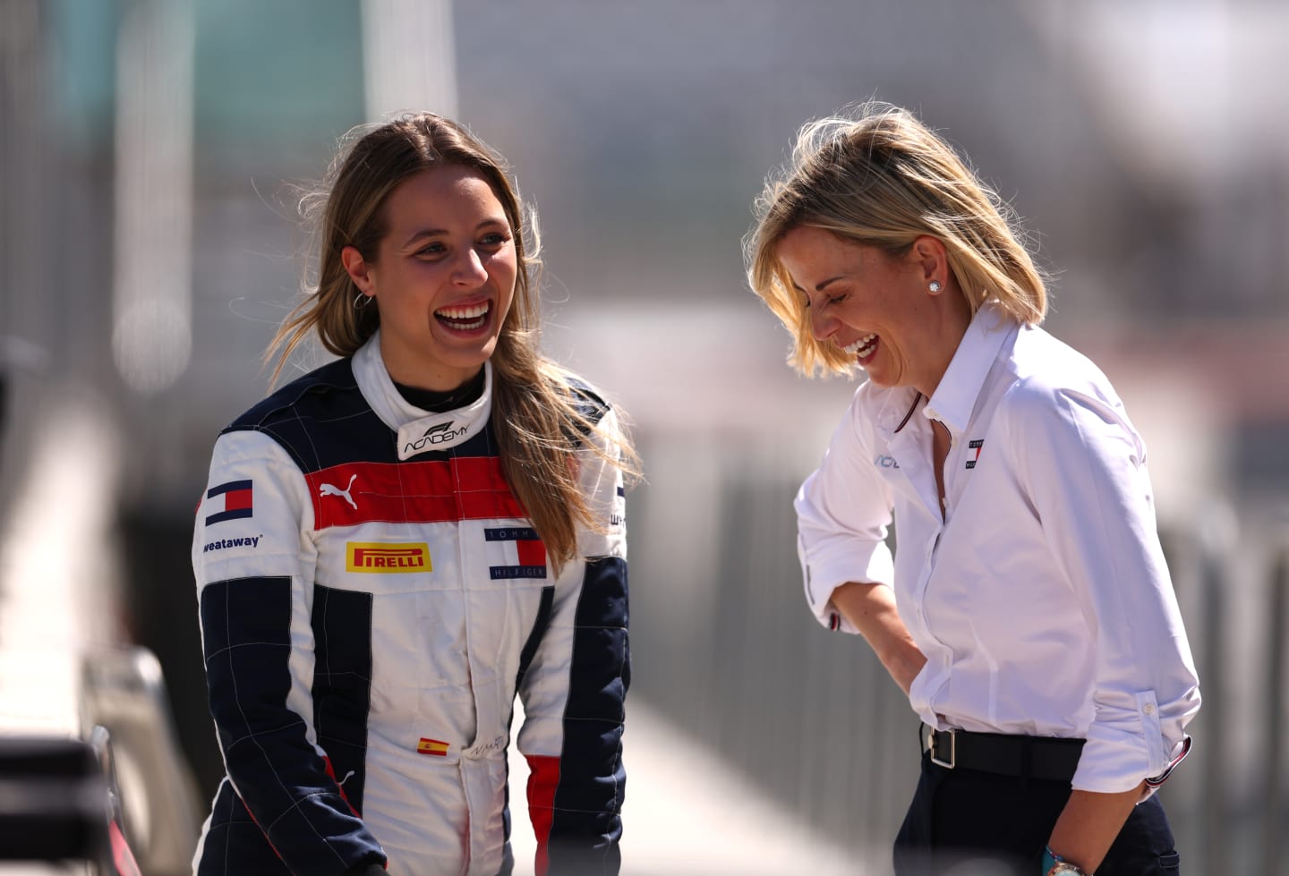 JEDDAH, SAUDI ARABIA - FEBRUARY 20: Nerea Marti of Spain and Campos Racing (30) shares a joke with