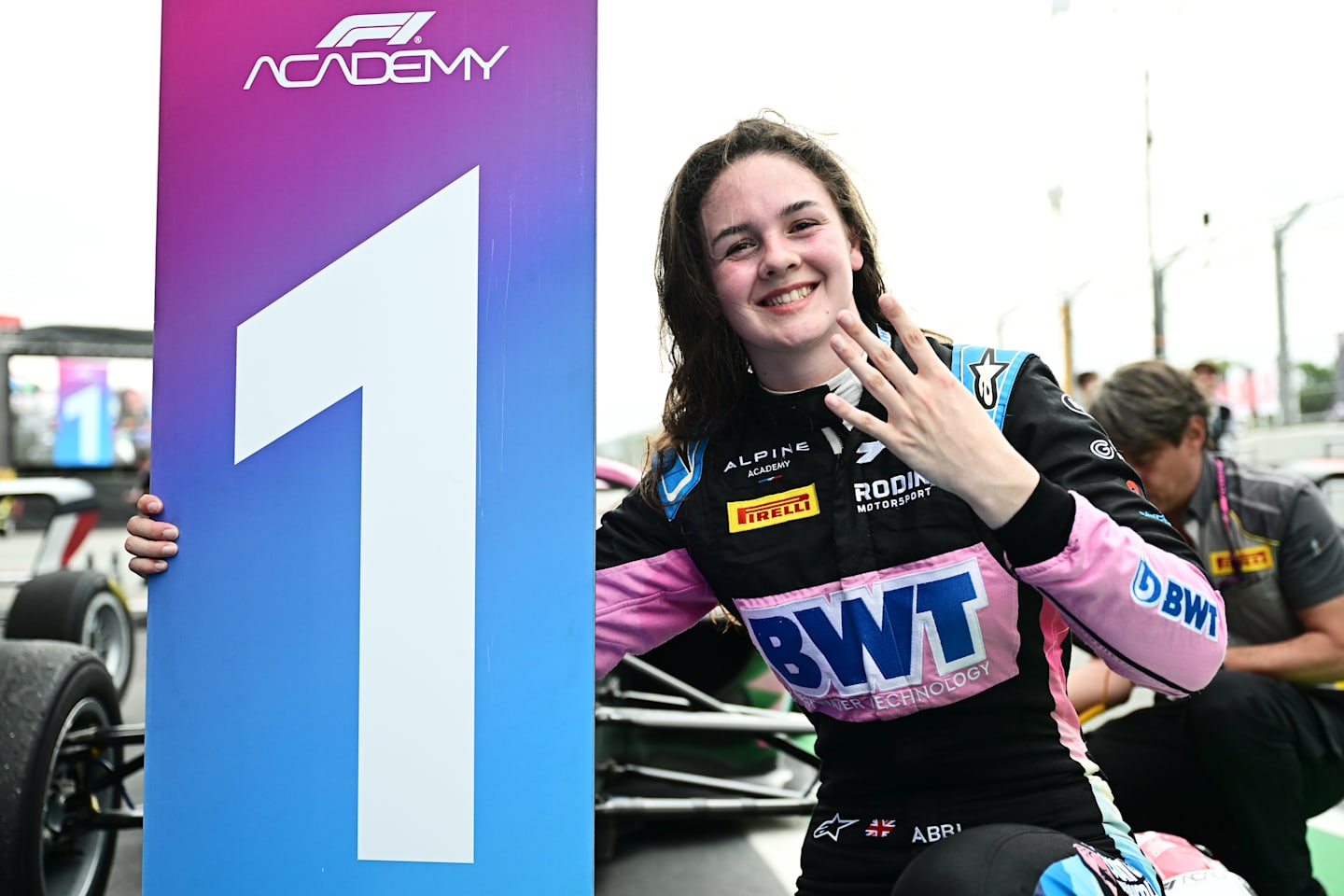 BARCELONA, SPAIN - JUNE 22: Race winner Abbi Pulling of Great Britain and Rodin Motorsport (9) celebrates in parc ferme after the F1 Academy Round 3 race 1. (Photo by Pauline Ballet - Formula 1/Formula 1 via Getty Images)