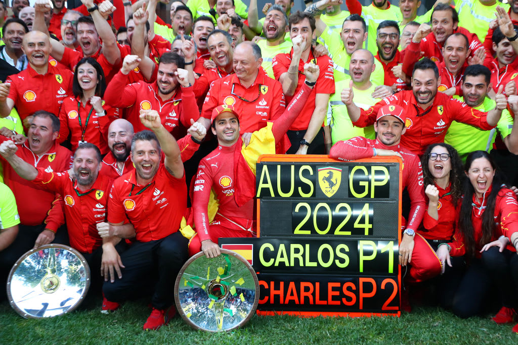 MELBOURNE, AUSTRALIA - MARCH 24: Race winner Carlos Sainz of Spain and Ferrari and Second placed