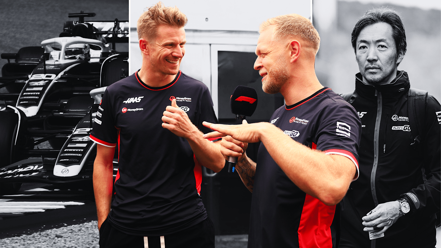 Haas team mates Hulkenberg and Magnussen against a montage background of their 2024 car and Team Principal Ayao Komatsu