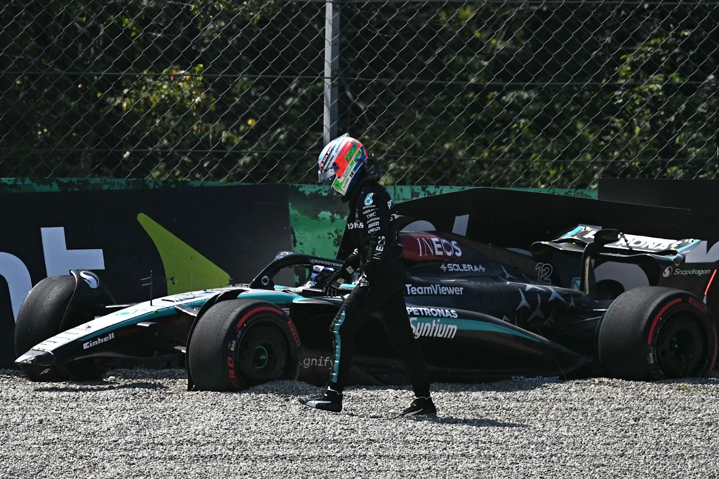 Mercedes' Italian driver Andrea Kimi Antonelli leaves his car after crashing during first practice session, ahead of the Italian Formula One Grand Prix at Autodromo Nazionale Monza circuit, in Monza on August 30, 2024. (Photo by Gabriel BOUYS / AFP) (Photo by GABRIEL BOUYS/AFP via Getty Images)