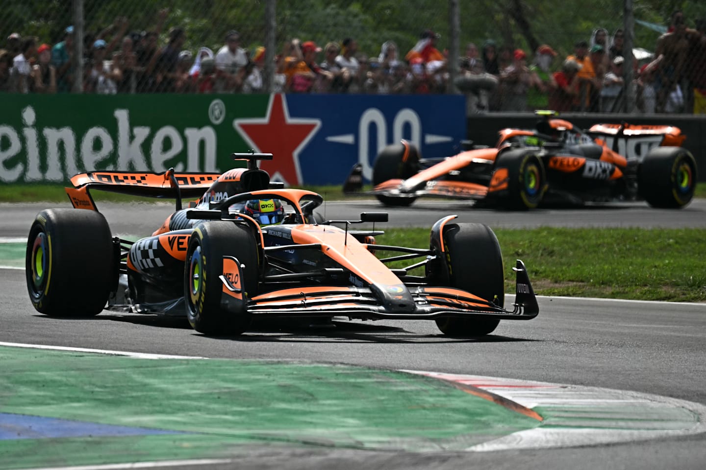 McLaren's Australian driver Oscar Piastri drives during the Italian Formula One Grand Prix race at Autodromo Nazionale Monza circuit, in Monza on September 1, 2024. (Photo by Gabriel BOUYS / AFP) (Photo by GABRIEL BOUYS/AFP via Getty Images)