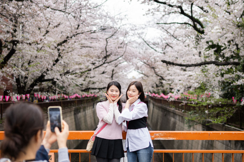 TOPSHOT - People have their photographs taken under cherry blossoms in Tokyo on March 31, 2023.