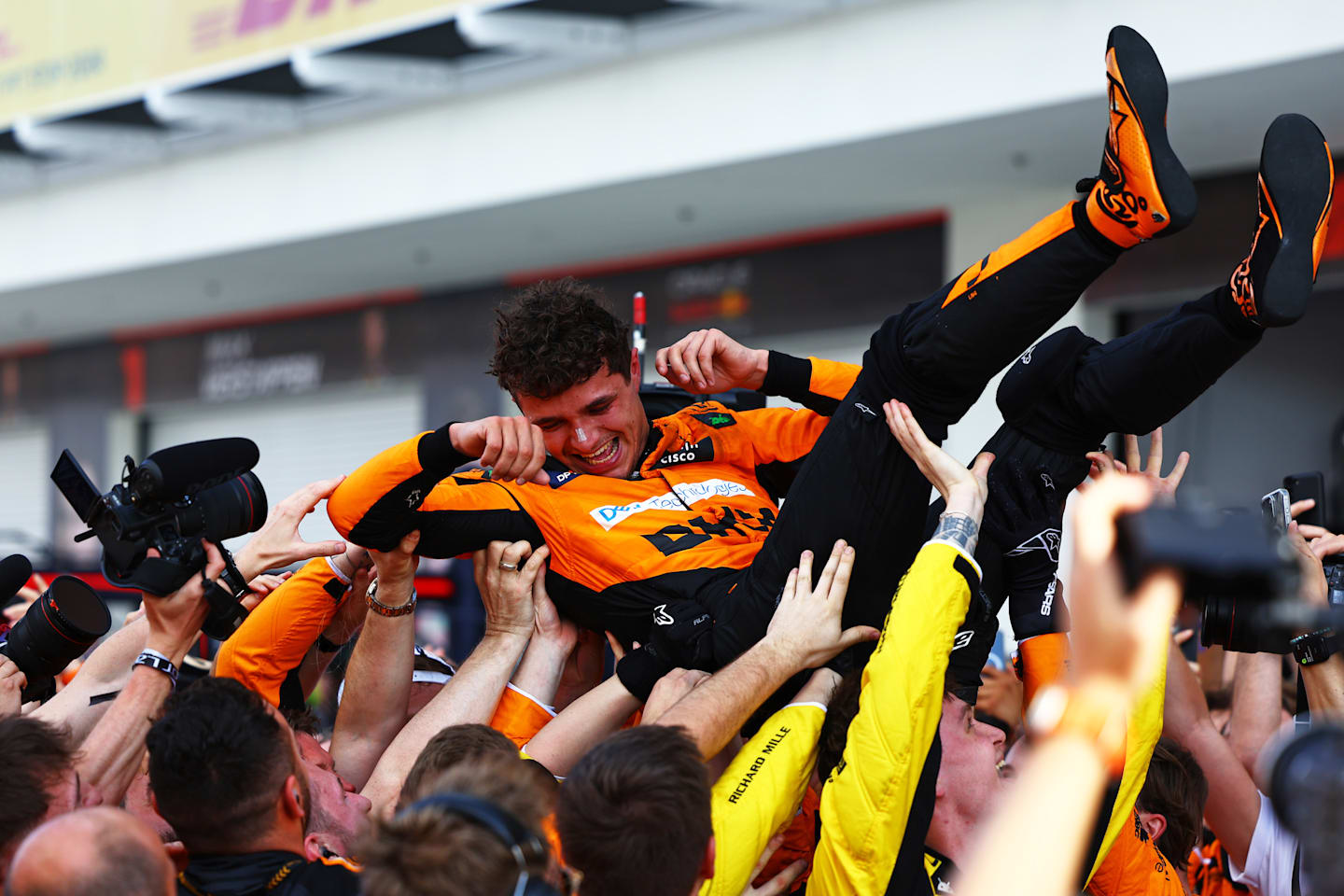 MIAMI, FLORIDA - MAY 05: Race winner Lando Norris of Great Britain and McLaren celebrates with his