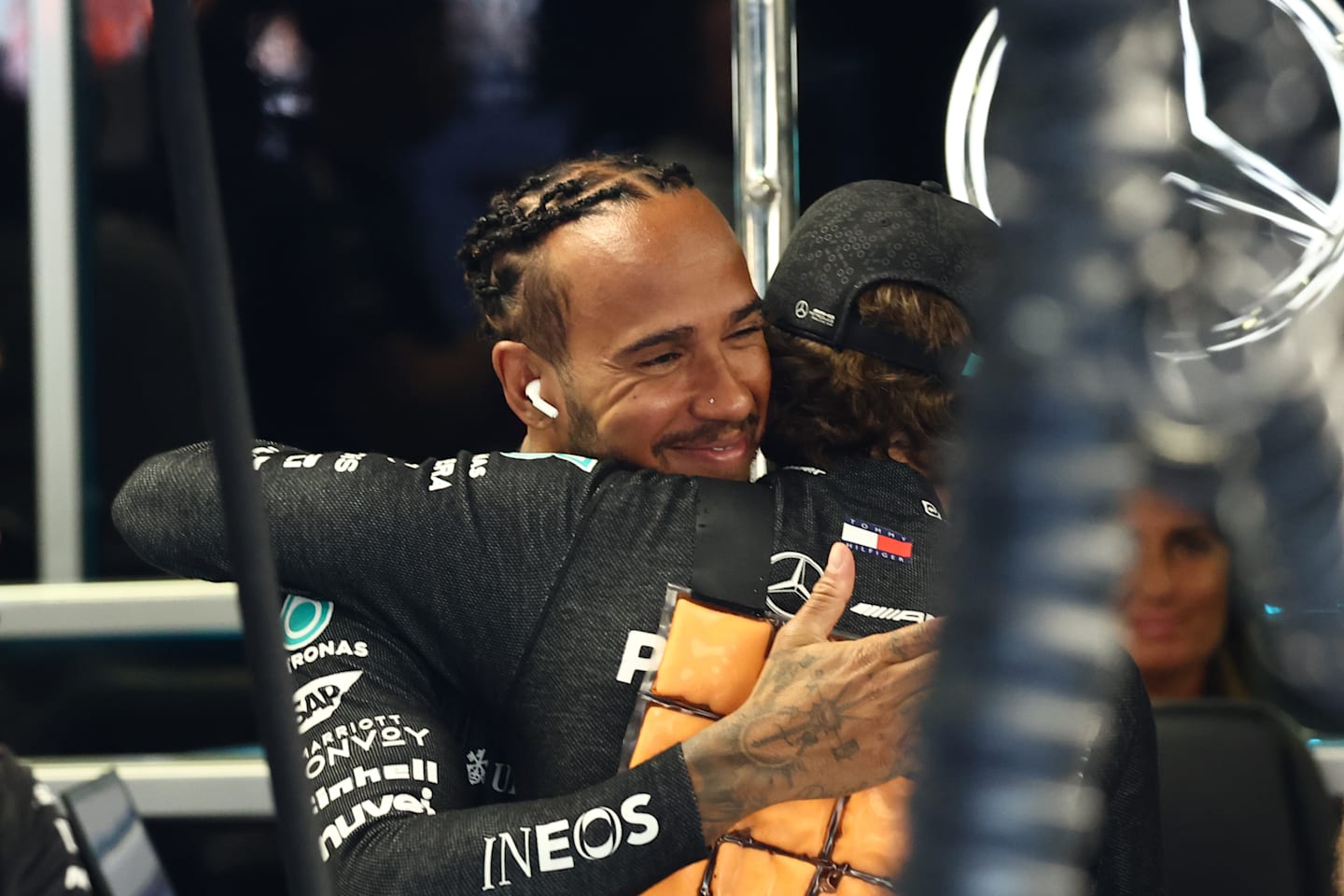 Lewis Hamilton of Mercedes and Andrea Kimi Antonelli before first practice ahead of the Formula 1