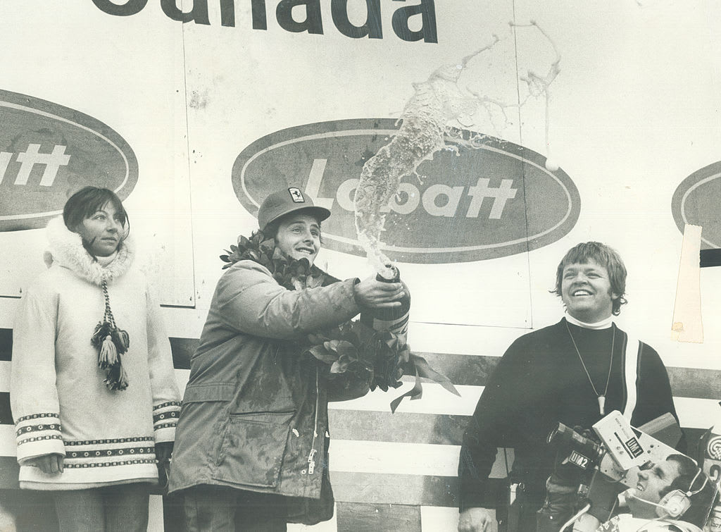CANADA - OCTOBER 08:  Beer flows like champagne as Gilles Villeneuve uncorks his jubilation at