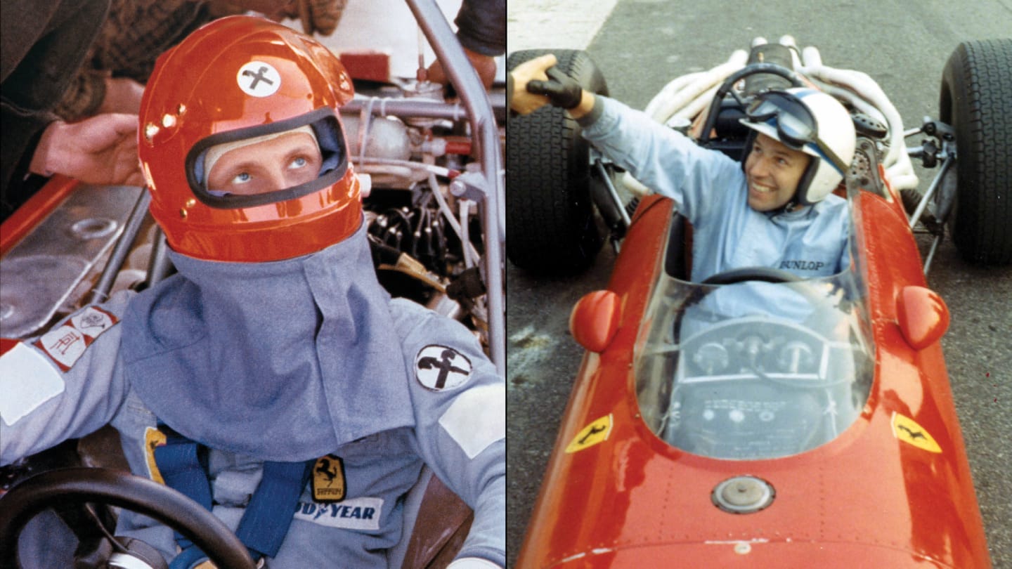 Niki Lauda (left) in 1974 and John Surtees (right) in 1966 were among the Ferrari drivers to wear blue on their racing suits