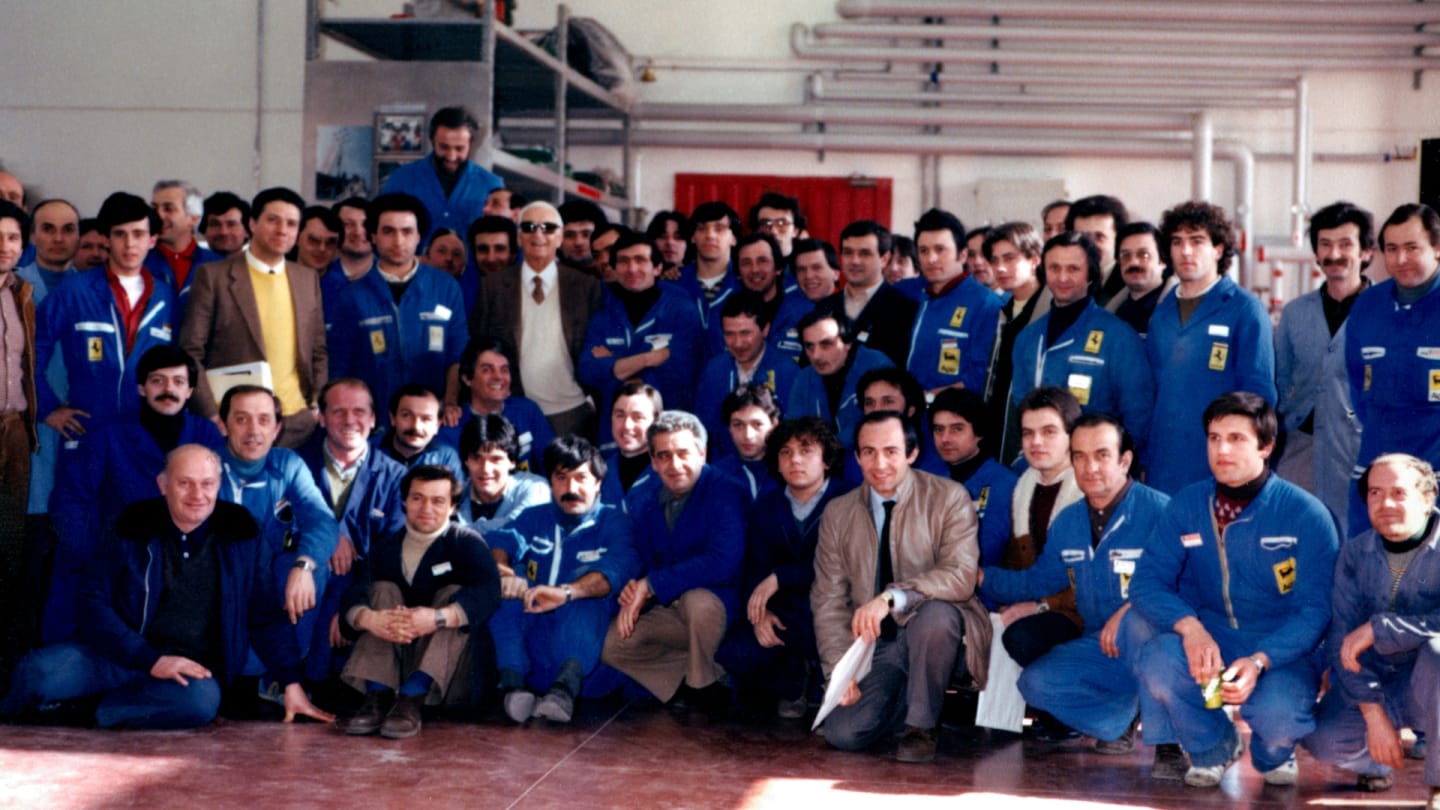 Enzo Ferrari with workers in Maranello on his 85th birthday (February 18, 1983)