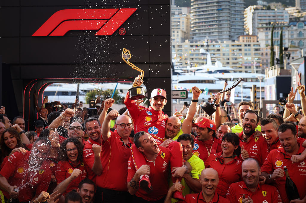 MONTE-CARLO, MONACO - MAY 26:  Race winner Charles Leclerc of Monaco and Ferrari celebrates with