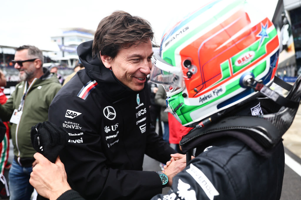 Toto Wolff and Andrea Kimi Antonelli after Formula 2 Sprint Race at Silverstone Circuit in Northampton, Great Britain on July 6, 2024. (Photo by Jakub Porzycki/NurPhoto via Getty Images)