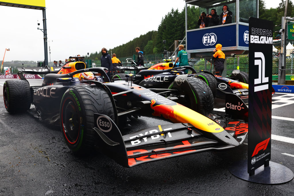 SPA, BELGIUM - JULY 27: Pole position qualifier Max Verstappen of the Netherlands and Oracle Red Bull Racing stops in parc ferme during qualifying ahead of the F1 Grand Prix of Belgium. (Photo by Mark Thompson/Getty Images)