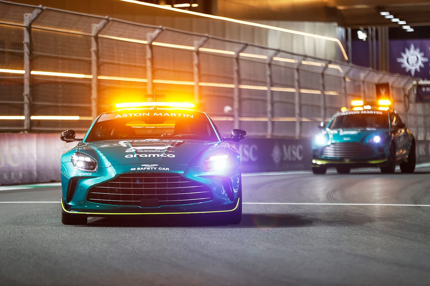 The Aston Martin Vantage Safety Car on track