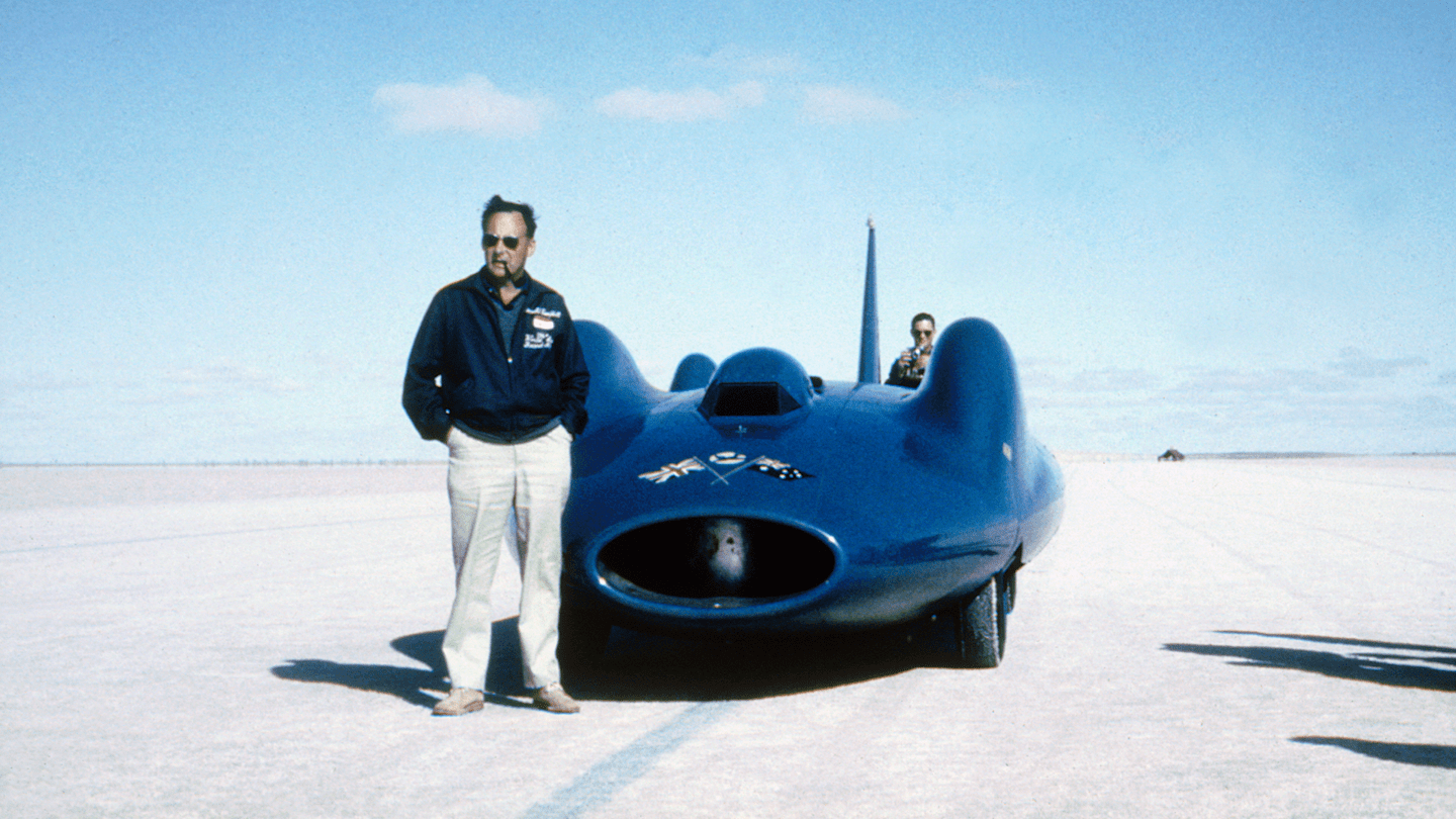 British speed record breaker Donald Campbell with the Bluebird CN7 on Lake Eyre, Australia