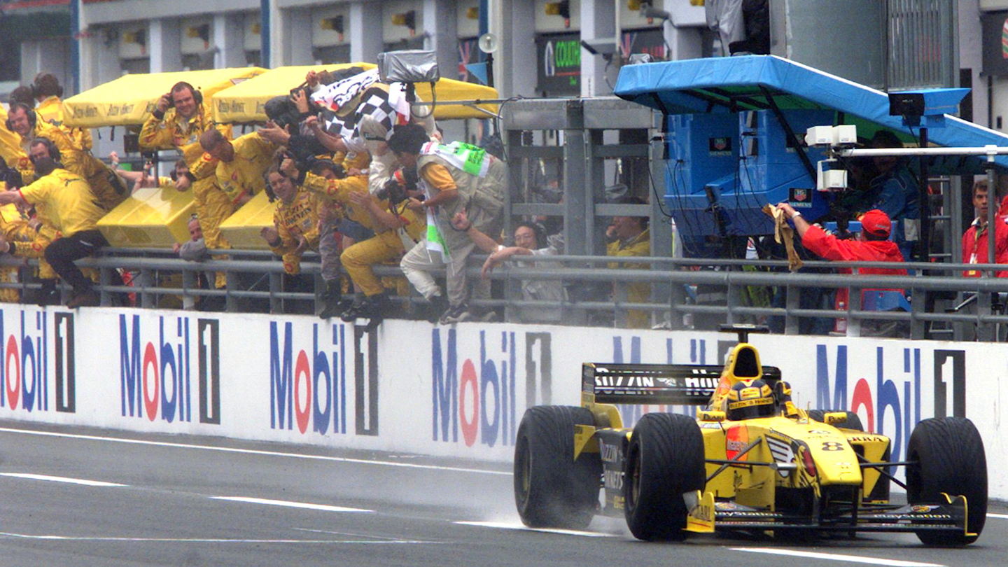 Frentzen claimed a superb win for Jordan in a rain-hit French Grand Prix