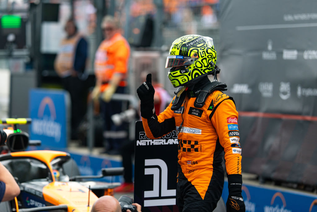 ZANDVOORT, NETHERLANDS - AUGUST 24: Pole winner Lando Norris of Great Britain and McLaren in parc ferme after qualifying ahead of the F1 Grand Prix of Netherlands at Circuit Zandvoort in Zandvoort, Netherlands. (Photo by Kym Illman/Getty Images)