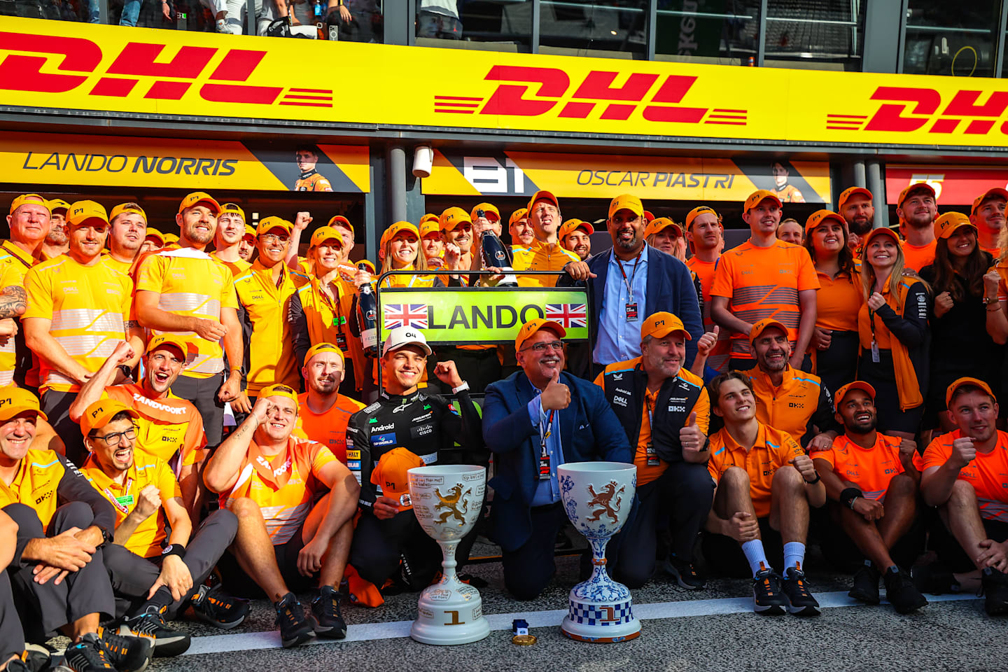 ZANDVOORT, NETHERLANDS - AUGUST 25: McLaren F1 team celebrate the win of Lando Norris of Great