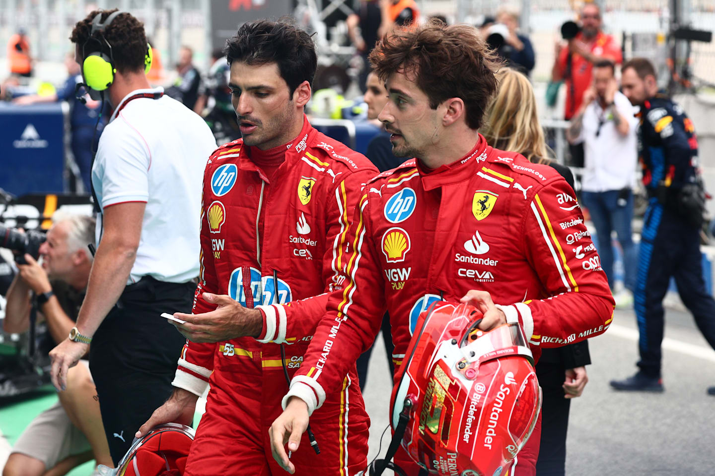 Carlos Sainz and Charles Leclerc of Ferrari fter the Formula 1 Spanish Grand Prix at Circuit de Barcelona-Catalunya in Barcelona, Spain on June 23, 2024. (Photo by Jakub Porzycki/NurPhoto via Getty Images)