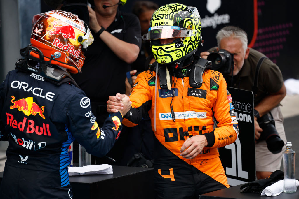 BARCELONA, SPAIN - JUNE 23: Second placed Lando Norris of Great Britain and McLaren shakes hands