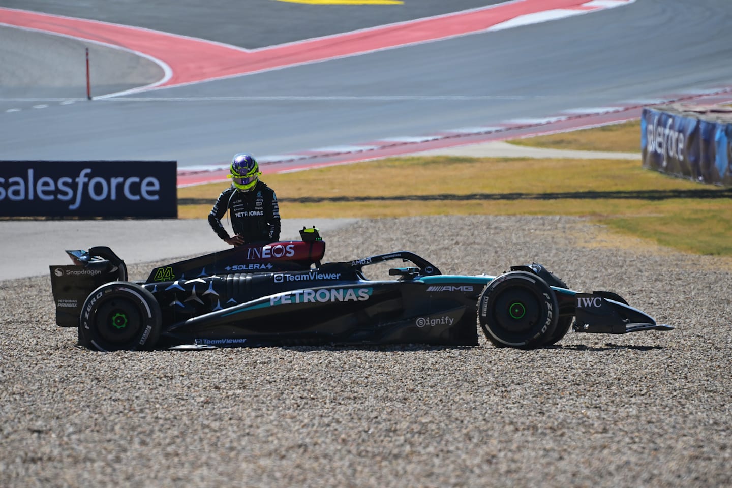 AUSTIN, TEXAS - OCTOBER 20: Lewis Hamilton of Great Britain and Mercedes looks on at his W15 after crashing during the F1 Grand Prix of United States at Circuit of The Americas on October 20, 2024 in Austin, Texas. (Photo by Mark Sutton/Getty Images)