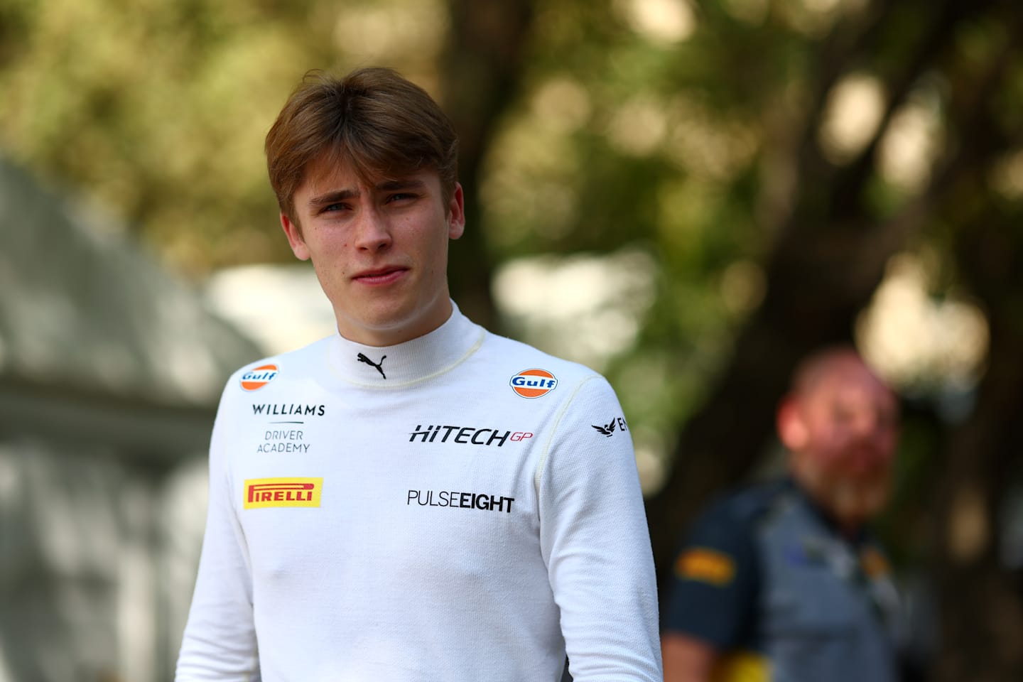 Luke Browning looks on in the Paddock during qualifying ahead of Round 12 Baku of the Formula 2 Championship at Baku City Circuit on September 13, 2024 in Baku, Azerbaijan. (Photo by Joe Portlock - Formula 1/Formula Motorsport Limited via Getty Images)