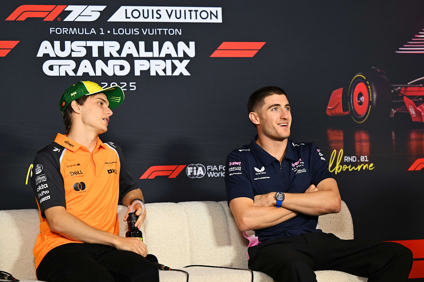 MELBOURNE, AUSTRALIA - MARCH 13: Oscar Piastri of Australia and McLaren and Jack Doohan of