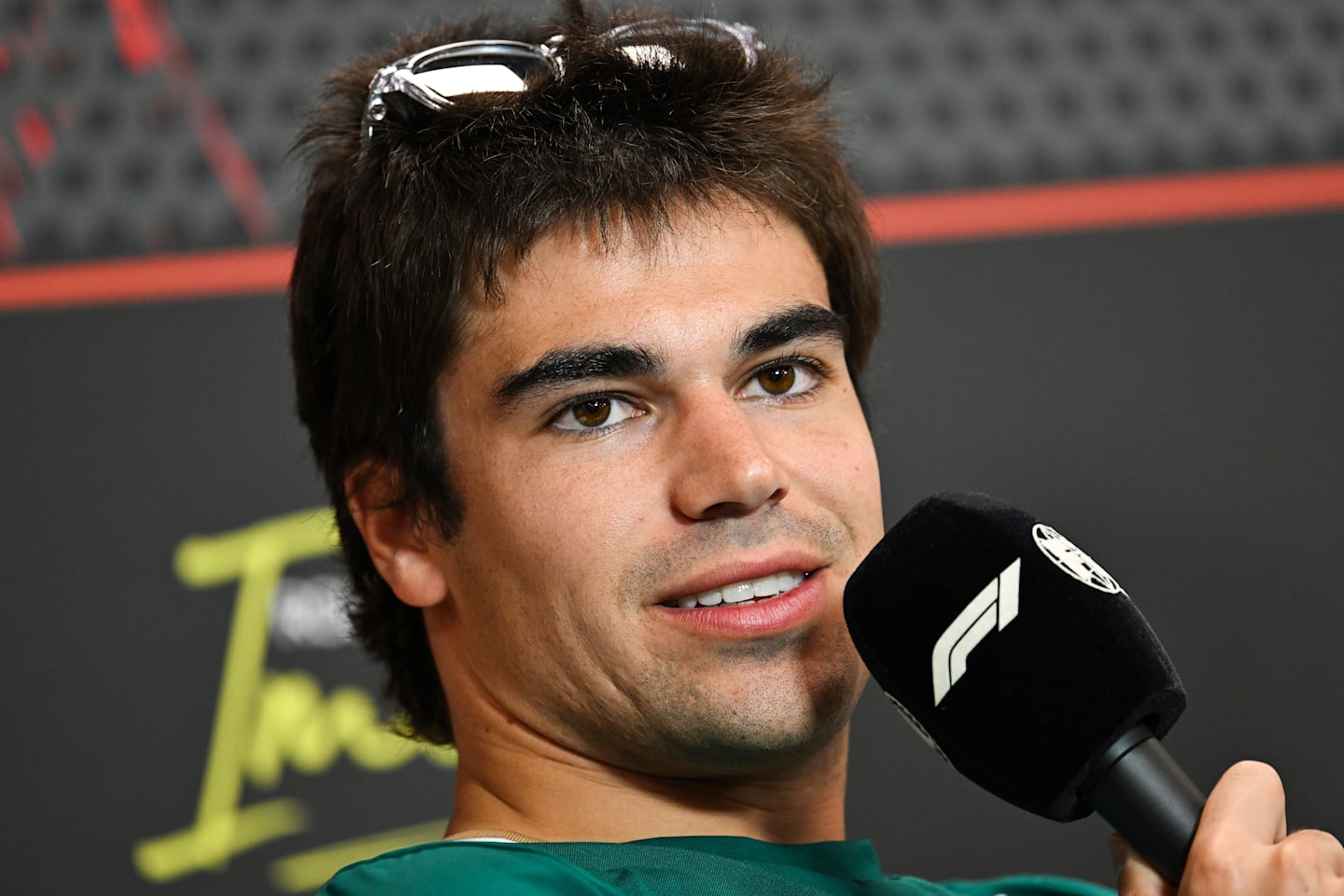 IMOLA, ITALY - MAY 15: Lance Stroll of Canada and Aston Martin F1 Team speaks in the Drivers Press