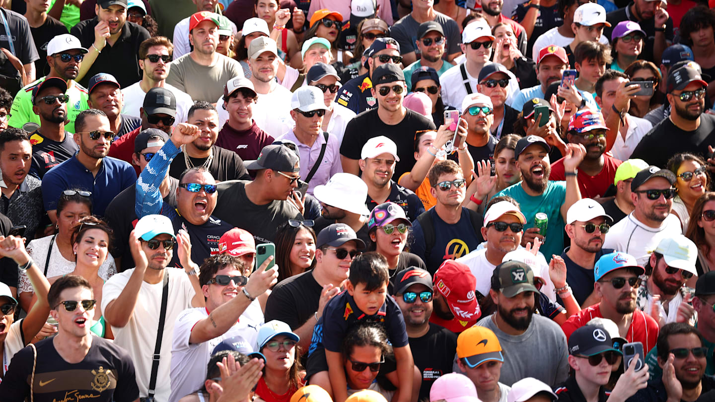 MIAMI, FLORIDA - MAY 05: Fans watch the podium following the F1 Grand Prix of Miami at Miami