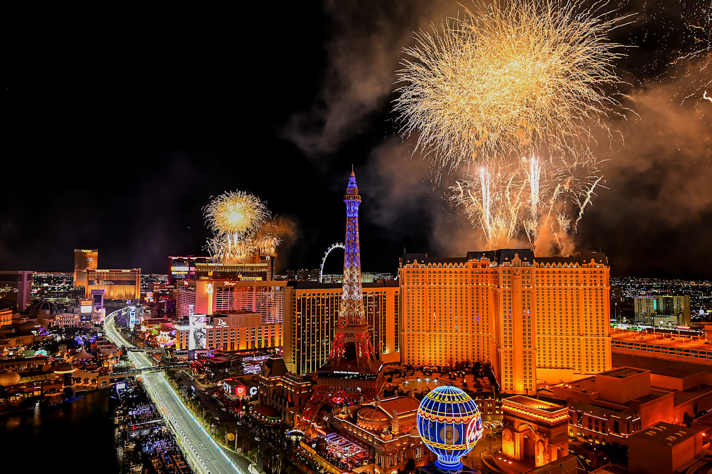 LAS VEGAS, NEVADA - NOVEMBER 23: A general view over the circuit as fireworks go off after the F1