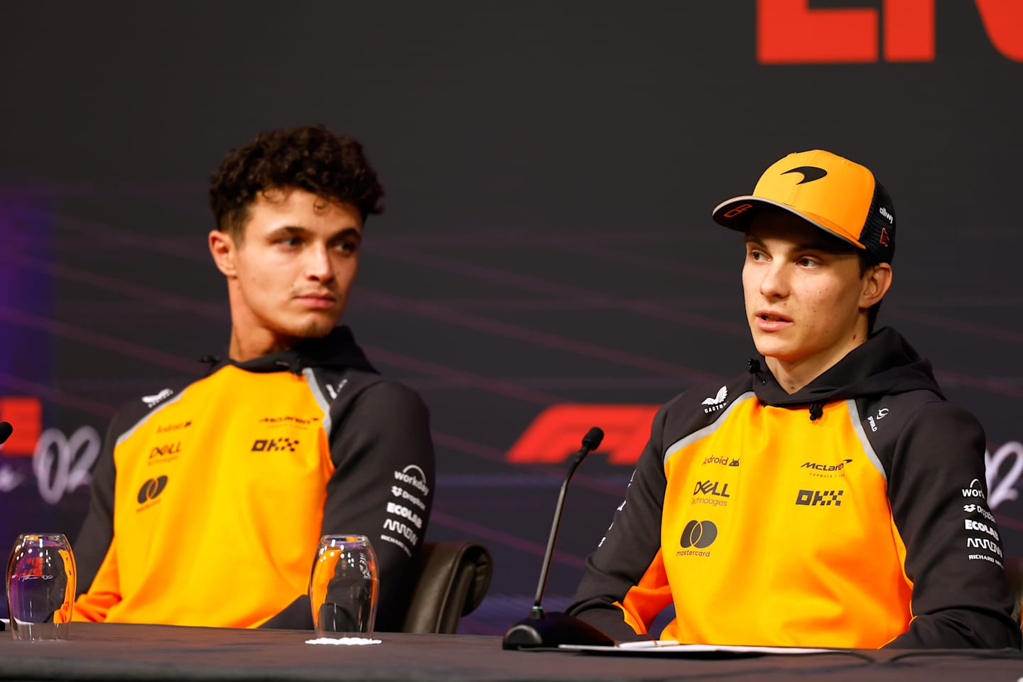 LONDON, ENGLAND - FEBRUARY 18: Oscar Piastri of Australia and McLaren talks to the media as Lando