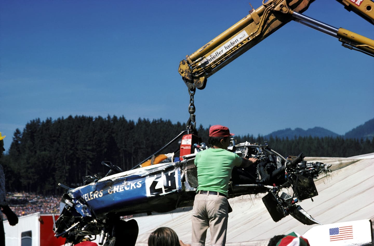 The remains of the Penske Racing Cars March 751 of Mark Donohue (USA) are removed following his