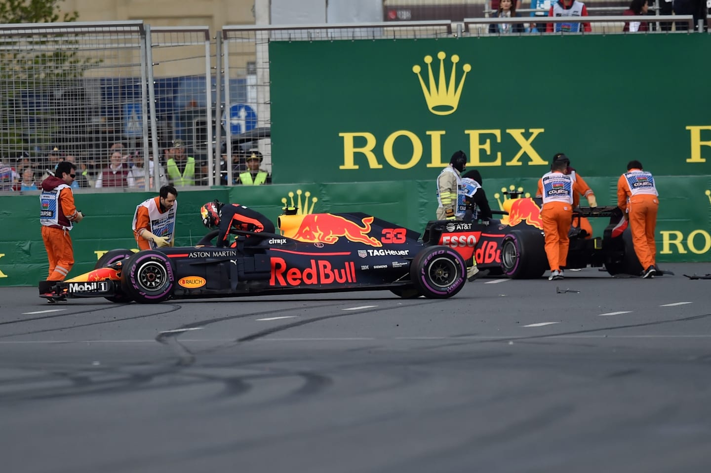 BAKU CITY CIRCUIT, AZERBAIJAN - APRIL 29: The crashed cars of Max Verstappen (NED) Red Bull Racing