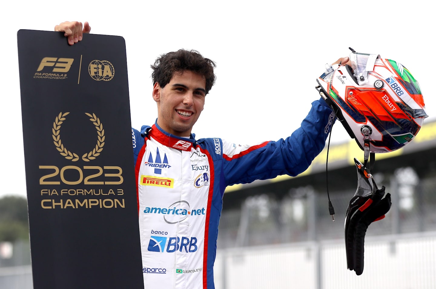 MONZA, ITALY - SEPTEMBER 02: 2023 F3 Champion and Second placed Gabriel Bortoleto of Brazil and