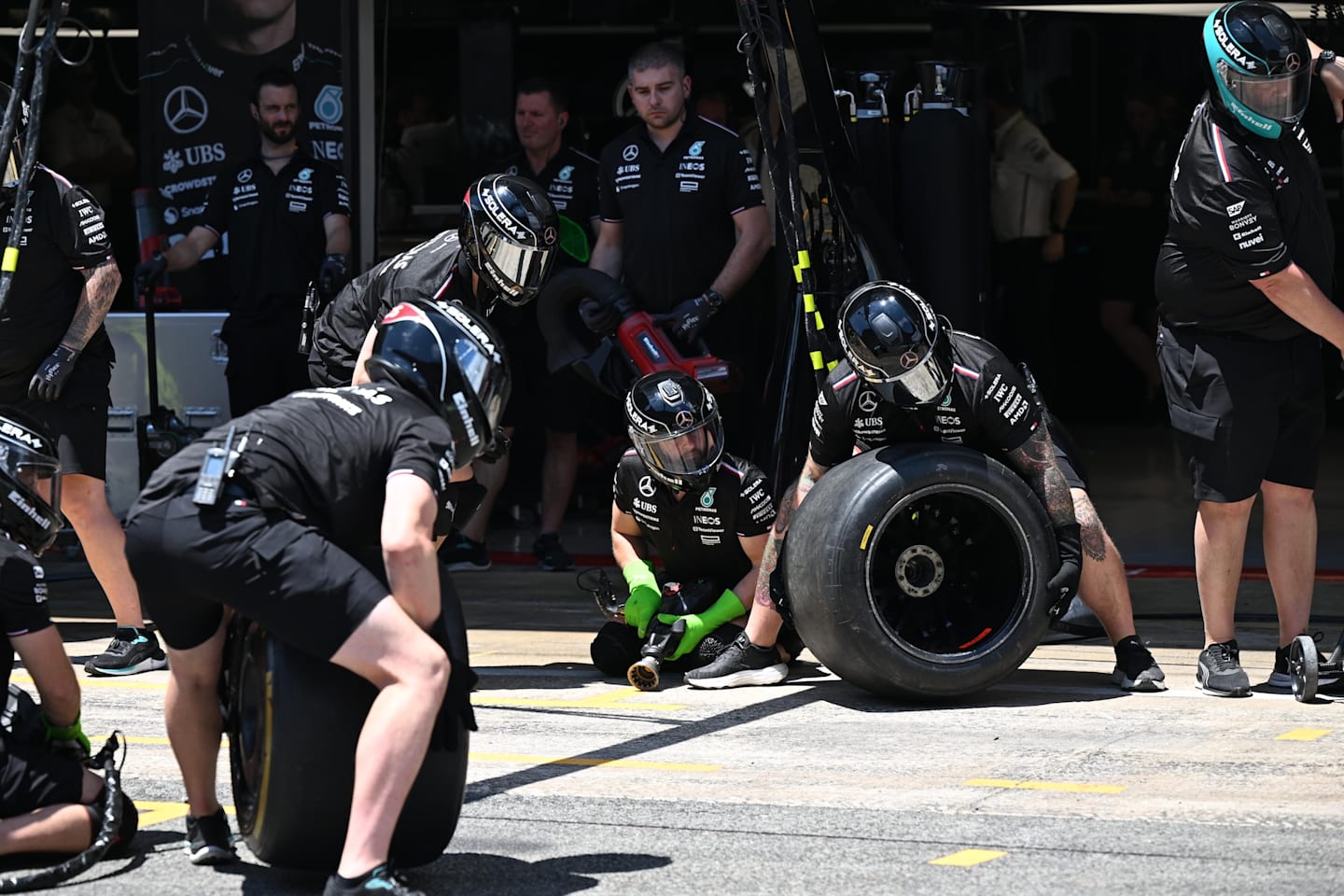 BARCELONA, SPAIN - JUNE 22: Mercedes pit stop during FP3 during practice at the F1 Grand Prix of