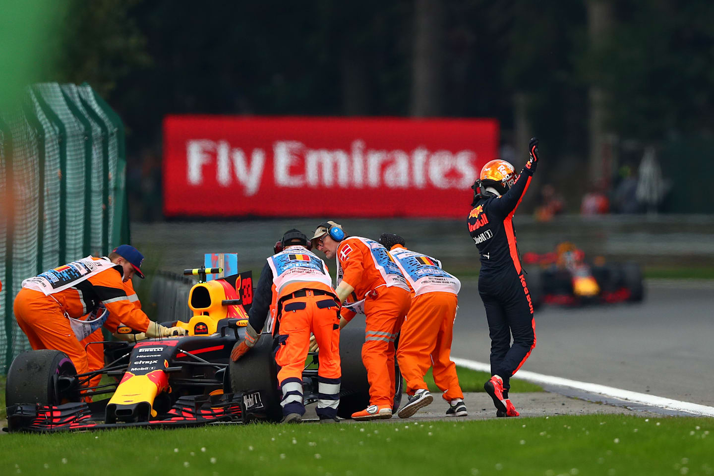 SPA, BELGIUM - AUGUST 27:  Max Verstappen of Netherlands and Red Bull Racing waves to the crowd