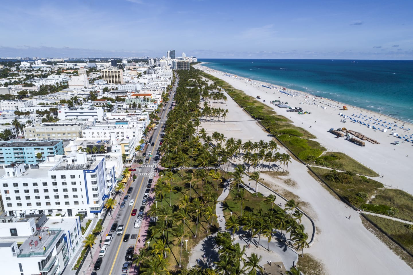 Florida, Miami Beach, aerial of Art Deco District hotels on Ocean Drive and Lummus Park. (Photo by: