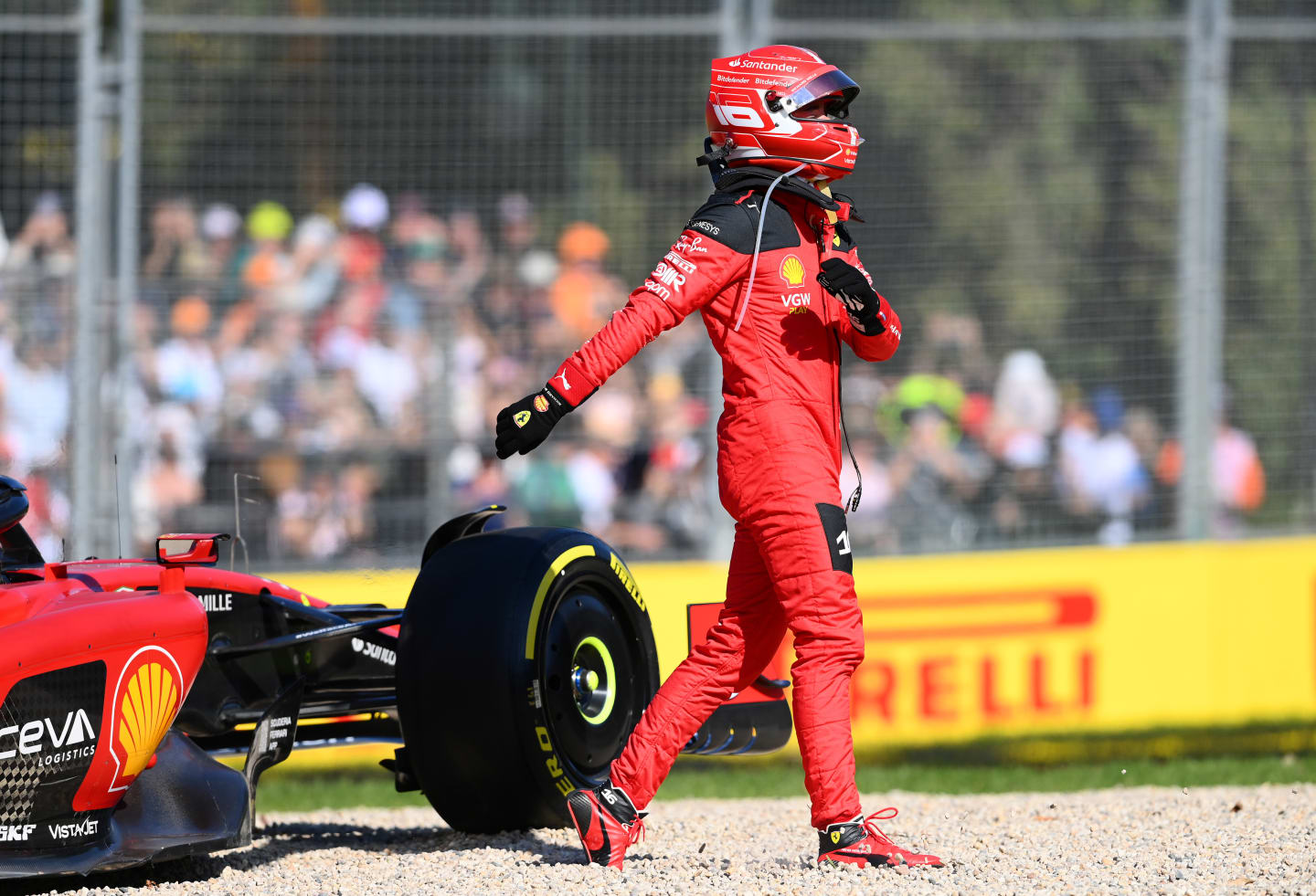 MELBOURNE, AUSTRALIA - APRIL 02: Charles Leclerc of Monaco and Ferrari climbs from his car after