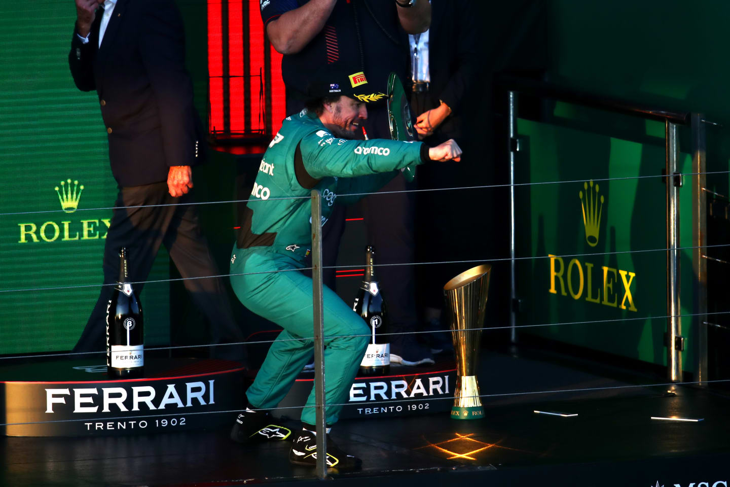 MELBOURNE, AUSTRALIA - APRIL 02: Third placed Fernando Alonso of Spain and Aston Martin F1 Team