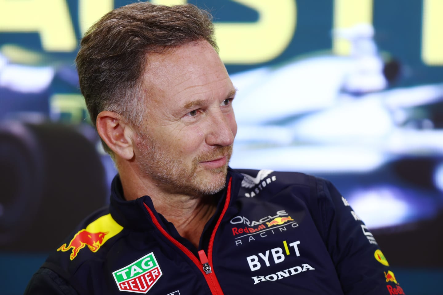 MELBOURNE, AUSTRALIA - MARCH 31: Red Bull Racing Team Principal Christian Horner looks on in the Team Principals Press Conference during practice ahead of the F1 Grand Prix of Australia at Albert Park Grand Prix Circuit on March 31, 2023 in Melbourne, Australia. (Photo by Dan Istitene/Getty Images)