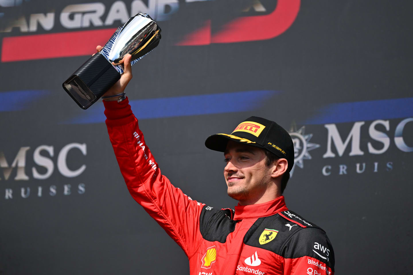 SPA, BELGIUM - JULY 30: Third placed Charles Leclerc of Monaco and Ferrari celebrates on the podium