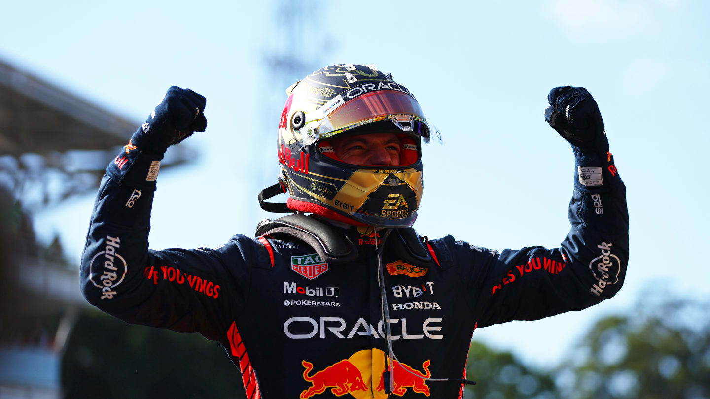 SAO PAULO, BRAZIL - NOVEMBER 05: Race winner Max Verstappen of the Netherlands and Oracle Red Bull Racing celebrates in parc ferme during the F1 Grand Prix of Brazil at Autodromo Jose Carlos Pace on November 05, 2023 in Sao Paulo, Brazil. (Photo by Dan Istitene - Formula 1/Formula 1 via Getty Images)