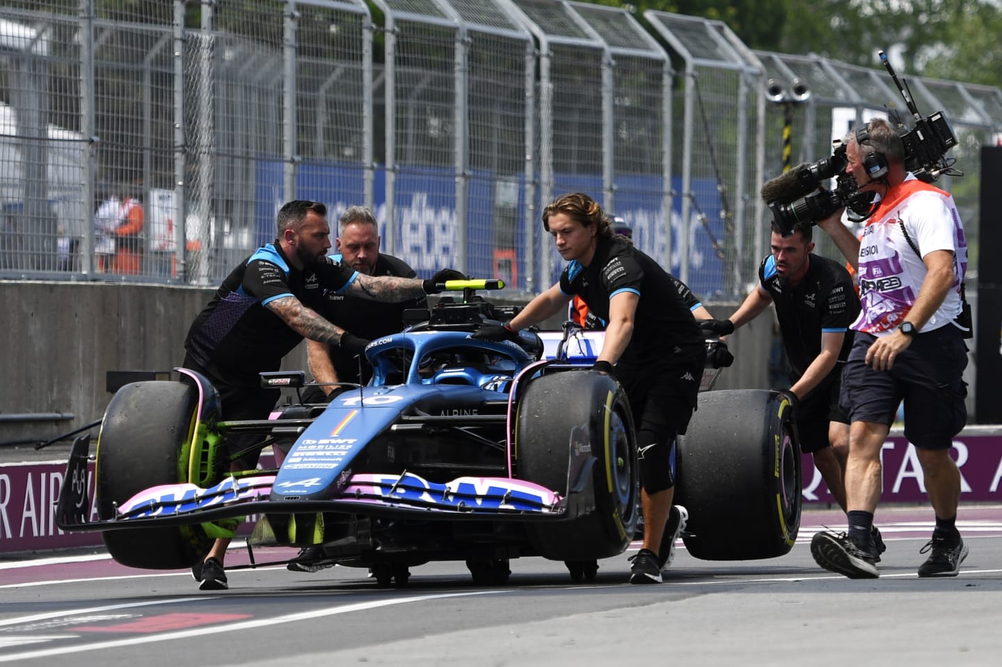 MONTREAL, QUEBEC - JUNE 16: The car of Pierre Gasly of France and Alpine F1 is recovered to the garage after stopping on track during practice ahead of the F1 Grand Prix of Canada at Circuit Gilles Villeneuve on June 16, 2023 in Montreal, Quebec. (Photo by Rudy Carezzevoli/Getty Images)