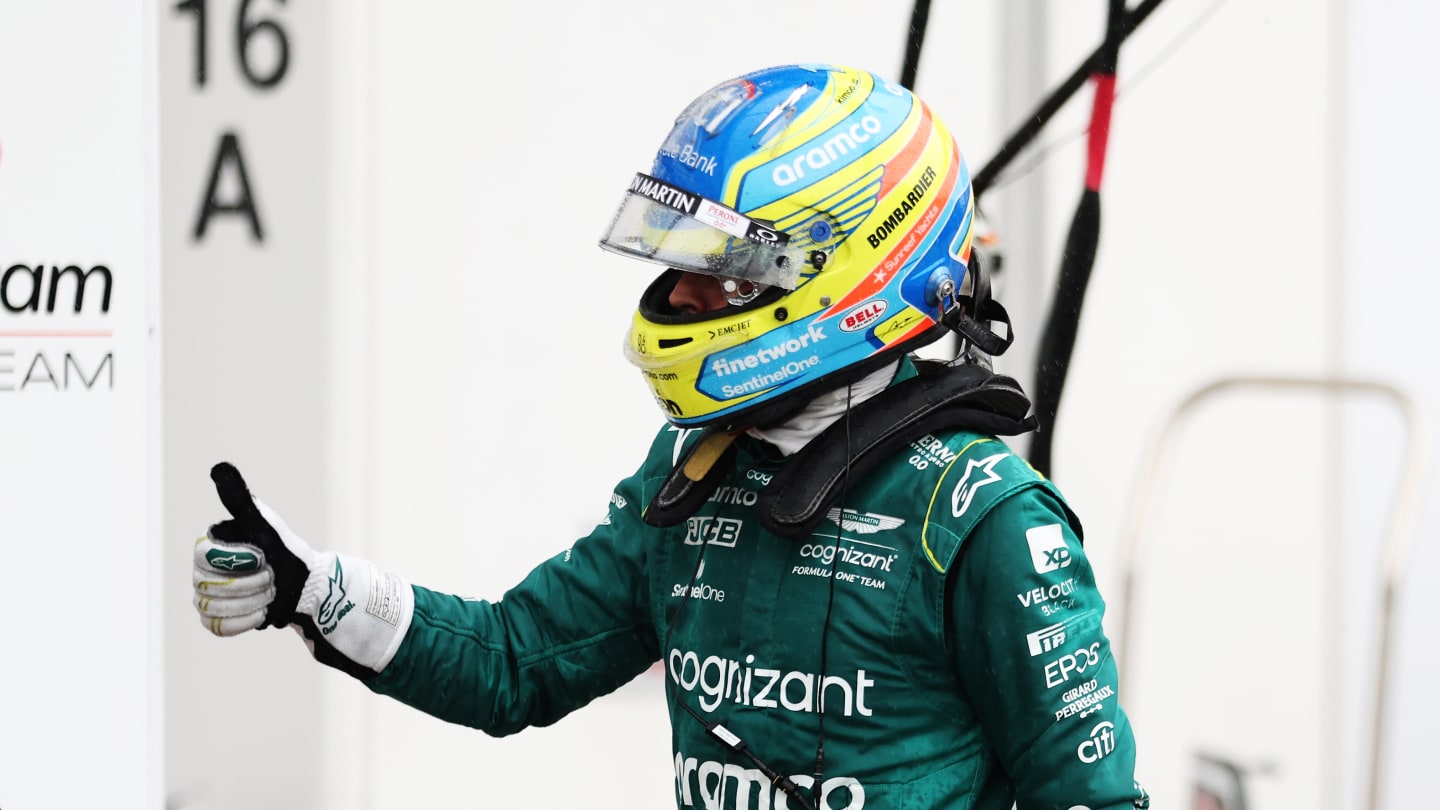 MONTREAL, QUEBEC - JUNE 17: Third placed qualifier Fernando Alonso of Spain and Aston Martin F1 Team celebrates in the Pitlane during qualifying ahead of the F1 Grand Prix of Canada at Circuit Gilles Villeneuve on June 17, 2023 in Montreal, Quebec. (Photo by Bryn Lennon - Formula 1/Formula 1 via Getty Images)